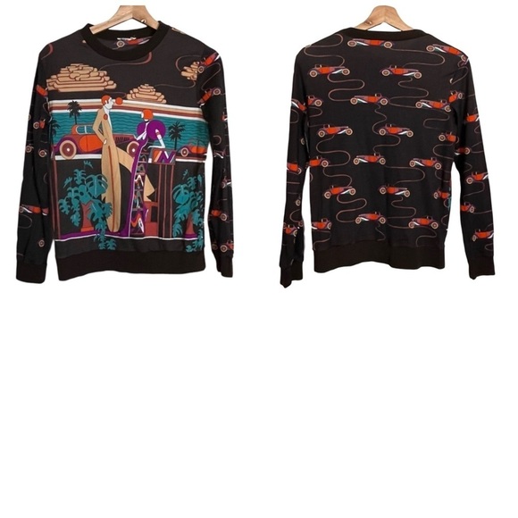 Vintage 70s Art Deco Long Sleeve Top Boardwalk Scene Print Maximalist - Picture 11 of 11